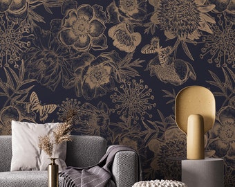 Papel pintado autoadhesivo con diseño floral oscuro, mural de pared de peonías doradas