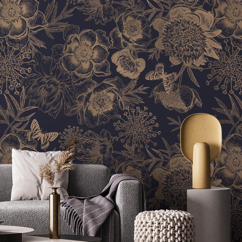 Dark Floral Peel and Stick Wallpaper, Gold Peony Wall Mural - Etsy