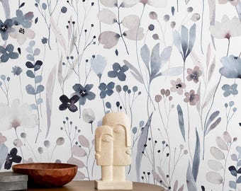 Aquarell Wildblumen Tapete, Pastell Blumen Wandbild, Schälen und Kleben Wiesen Wanddekor