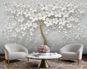 3D Flower Wallpaper, White Flowers Wall Mural, Gold Tree Peel and Stick Wallpaper