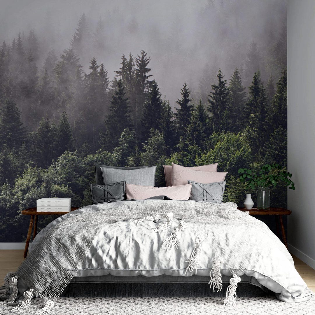 Misty Pine Forest Wallpaper, Moody Nature Wall Mural, Removable Peel ...