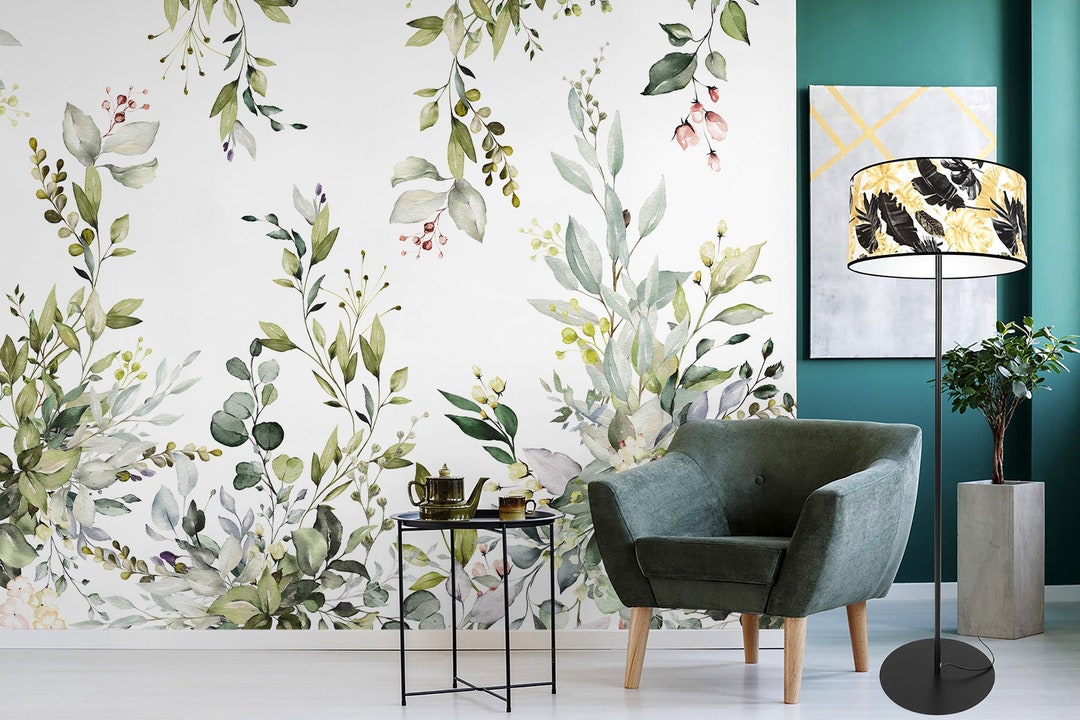 Watercolor Flowers Wallpaper, Floral Wall Mural, Botanic Leaf Peel and ...