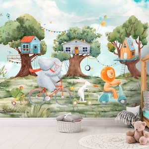 Kids Wallpaper Peel and Stick Cute Animals with Treehouse Watercolor Wall Mural