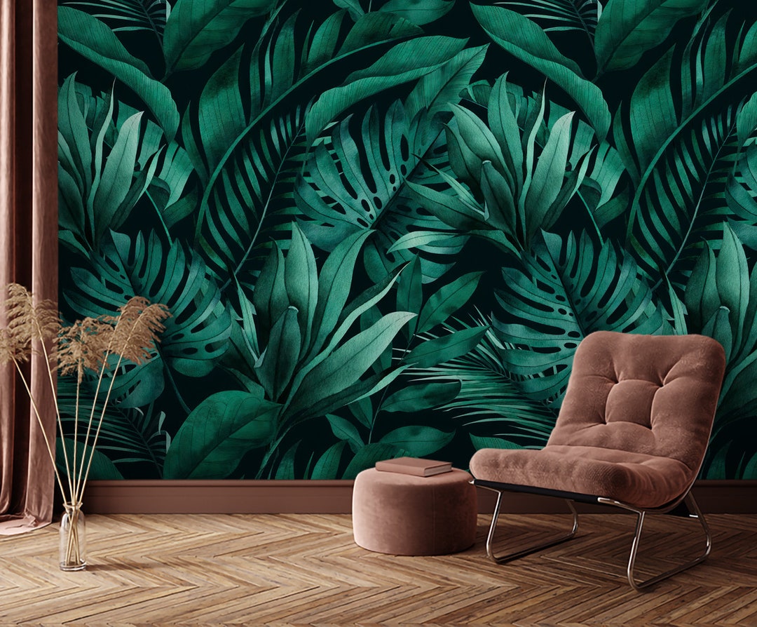 Tropical Palm Leaf Wallpaper Mural: Dark Green Peel and Stick - Etsy Canada