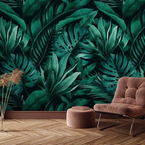 Carta da parati con foglie tropicali, murale con foglie di palma disegnate a mano, carta da parati con motivo tropicale staccabile e attaccabile