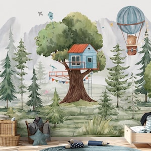 Forest Kids Wallpaper, Watercolor Animals Wall Mural, Hot Baloon Baby Room Peel and Stick Trees Nursery Wallpaper