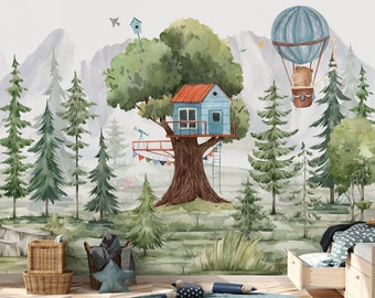 Forest Kids Wallpaper, Watercolor Animals Wall Mural, Hot Baloon Baby Room Peel and Stick Trees Nursery Wallpaper