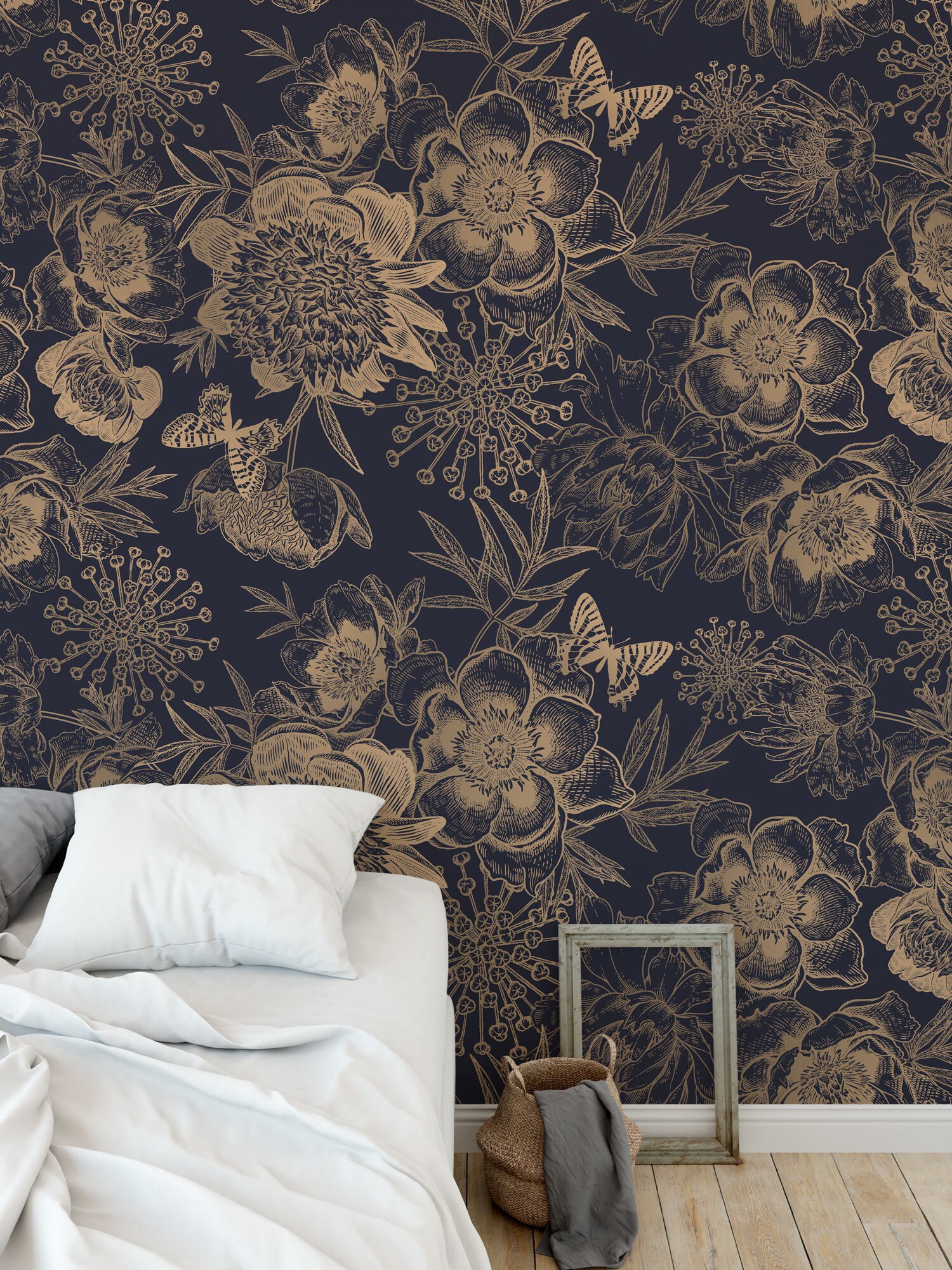 Dark Floral Peel and Stick Wallpaper, Gold Peony Wall Mural - Etsy
