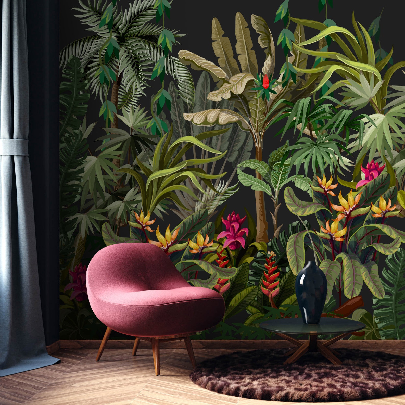 Botanical Wallpaper Dark Tropical Plants Wall Mural Floral - Etsy