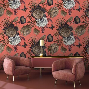Floral Wallpaper Flowers bird butterfly botanic Wall Mural, Retro Peel and Stick Wallpaper