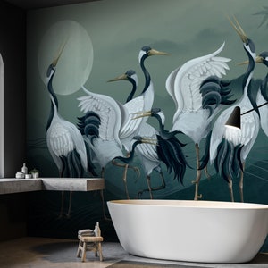 Crane Birds Wallpaper, Heron Wall Mural, Vintage Asian Wall Art Peel and Stick Wallpaper