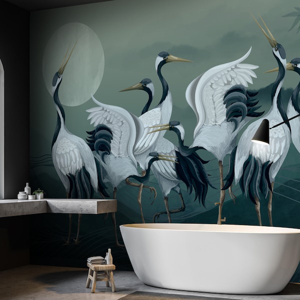 Crane Bird Wallpaper: Vintage Asian Heron Wall Mural Peel and Stick
