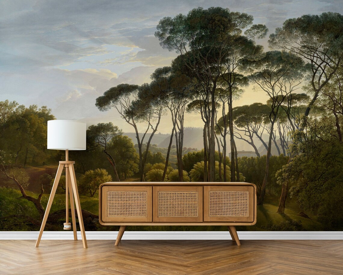 Vintage Landscape Wallpaper, Forest Painting Peel and Stick Wall Mural ...