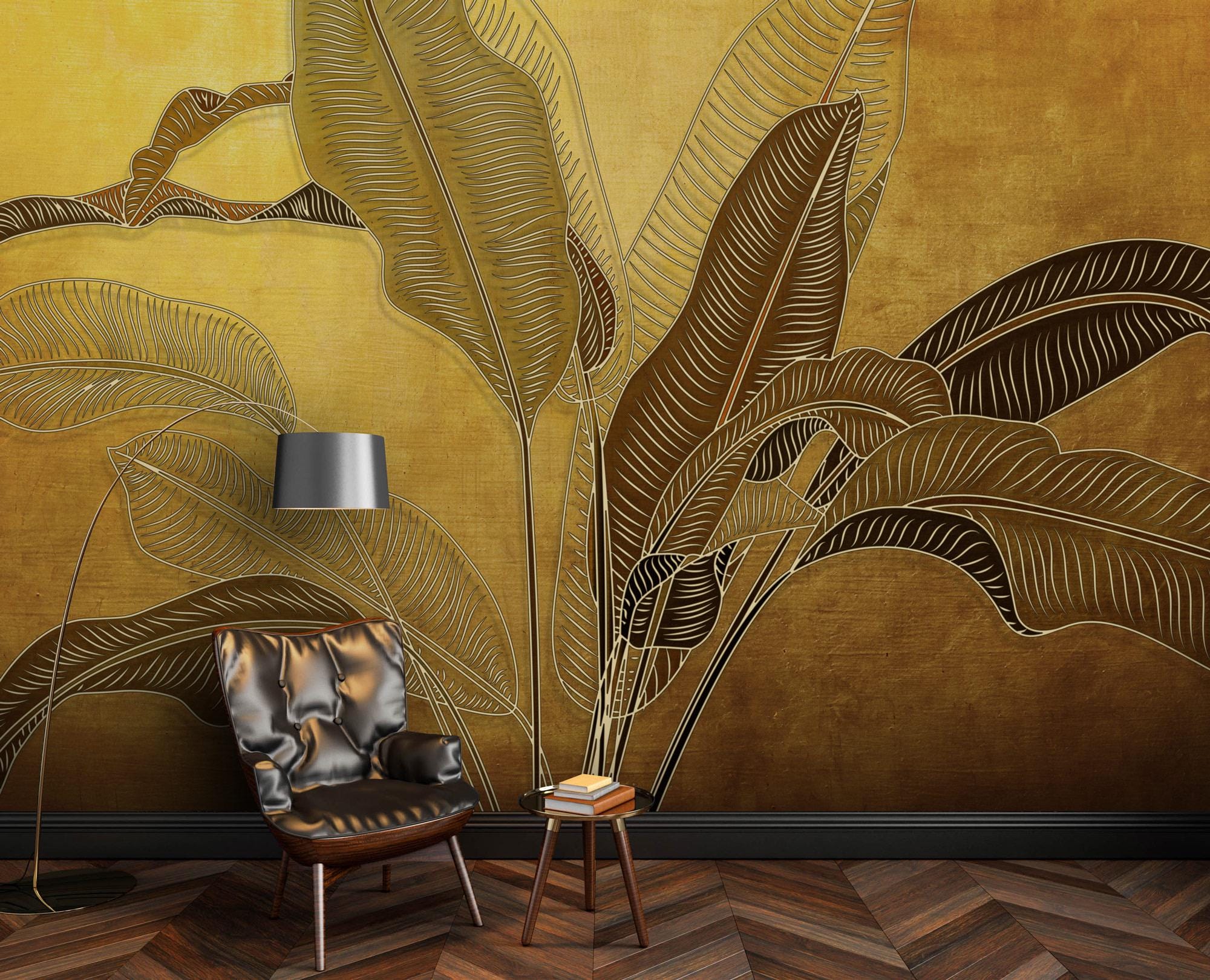 Gold Banana Leaf Wallpaper, Tropical Wall Mural, Peel and Stick - Etsy