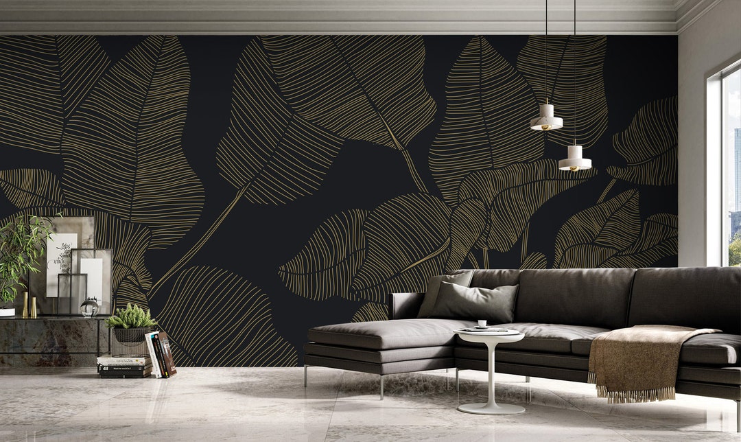 Gold Tropical Leaf Wallpaper: Art Deco Peel and Stick Mural - Etsy