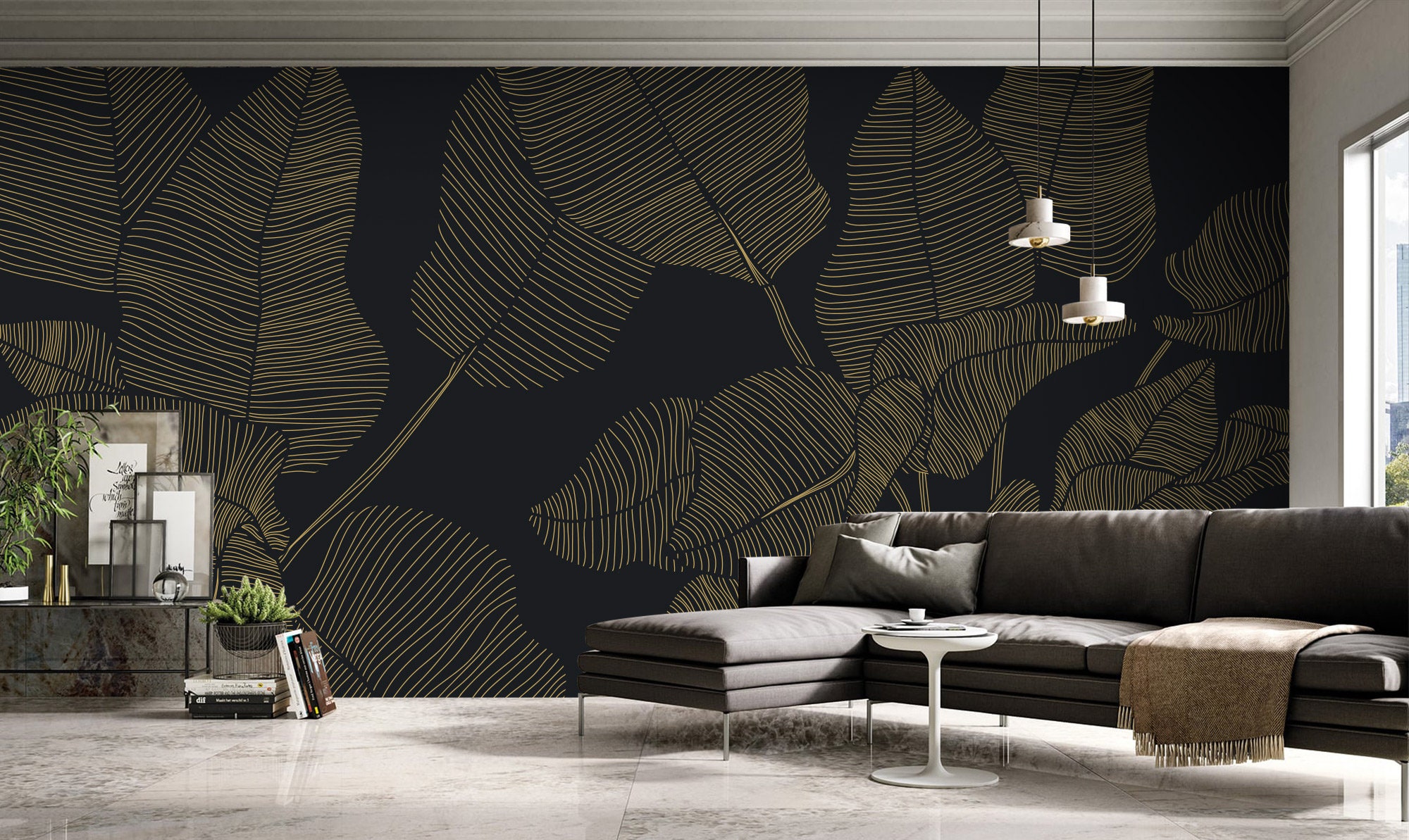 Gold Tropical Leaf Wallpaper: Art Deco Peel and Stick Mural - Etsy
