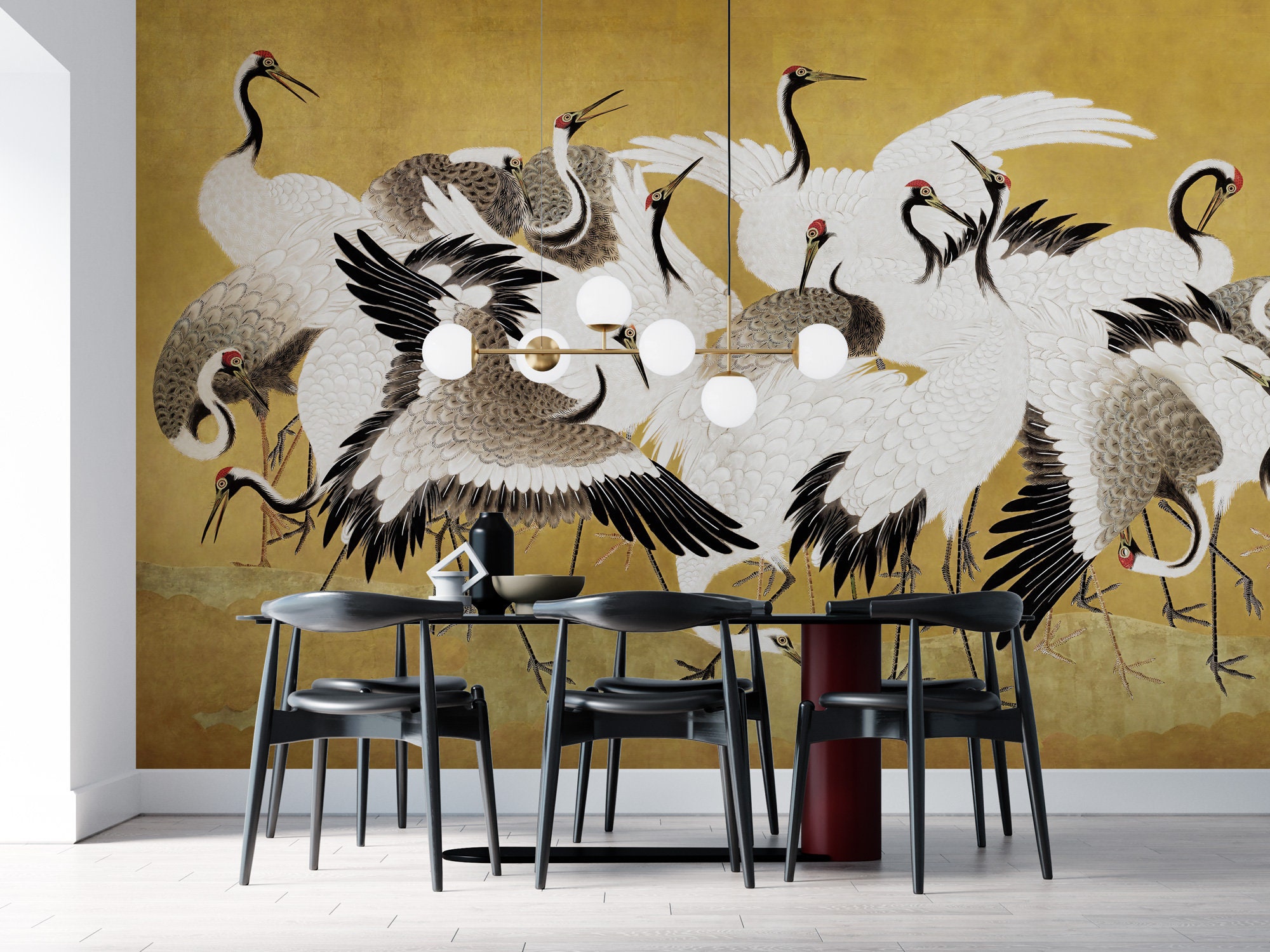 Birds Wallpaper, Cranes Wall Mural, Gold Luxury Peel and Stick Wallpaper