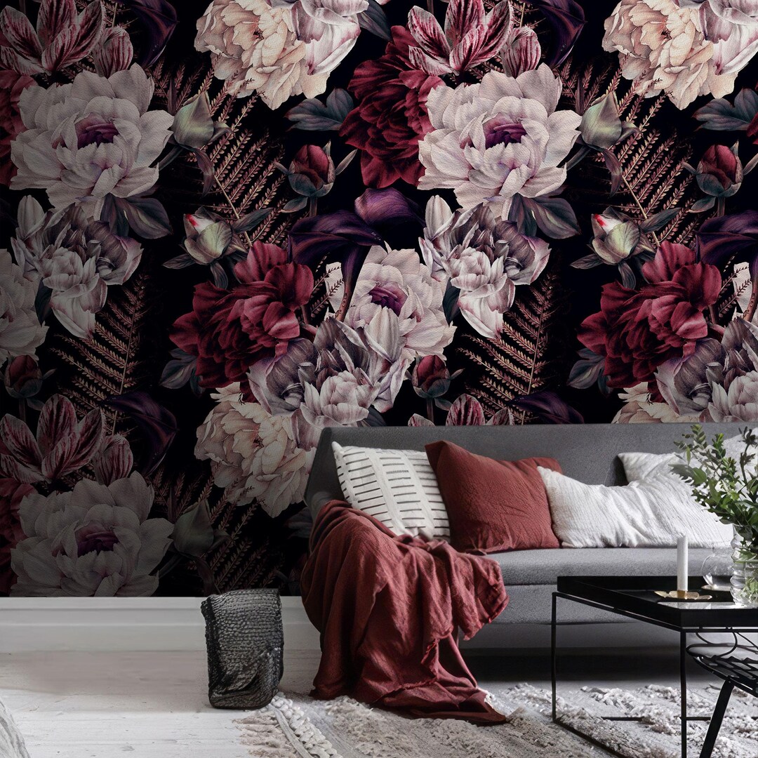 Dark Floral Peony Wallpaper, Vintage Botanical Peel and Stick Wall ...