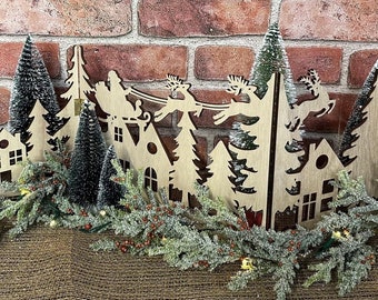 Christmas Wood Santa and Village Decorative Screen