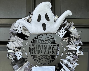 Halloween Ghost Ribbon Wreath | Ribbon Wreath | Handmade | Home Decor | Door Wreath | Porch Decor | Wall Decor | Farmhouse | Fall