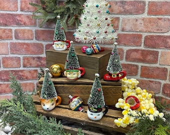 Vintage Christmas bottle brush tree in miniature ceramic mug | Christmas Decorations | Vintage Christmas