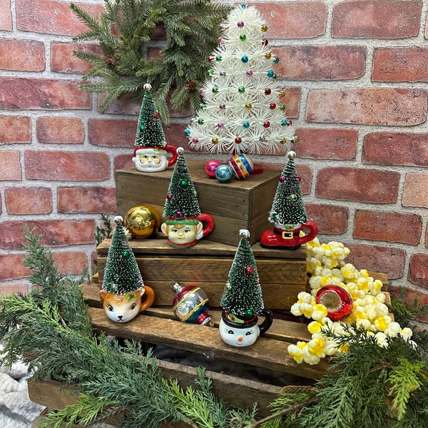 Vintage Christmas bottle brush tree in miniature ceramic mug | Christmas Decorations | Vintage Christmas