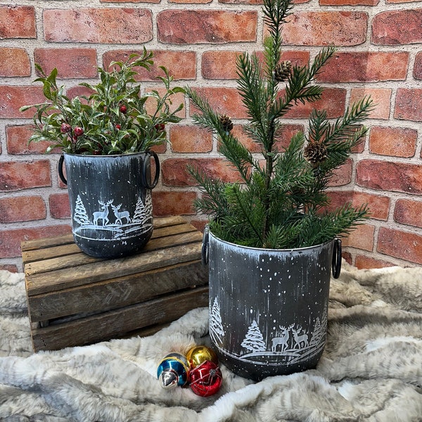 Large Rustic Charcoal Grey Winter Galvanized Bucket | Christmas Decorations | Decorative Bucket