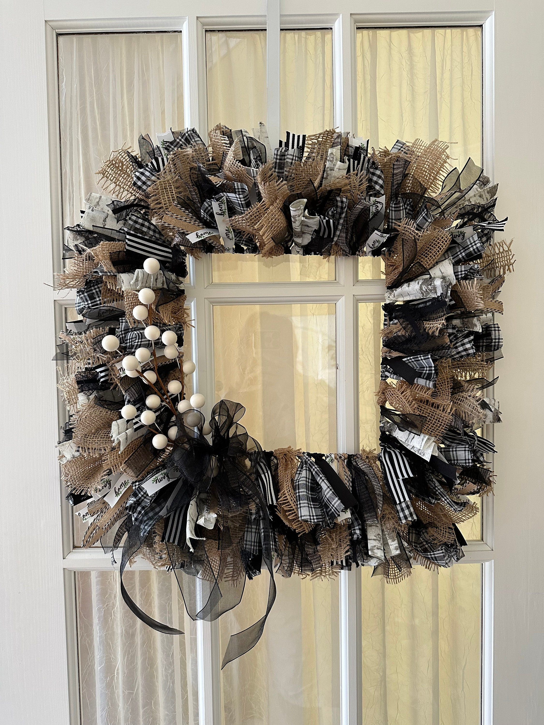 Farmhouse Square Ribbon and Burlap Wreath | Ribbon Wreath | Handmade | Home Decor | Door Wreath | Porch Decor | Wall Decor | Farmhouse