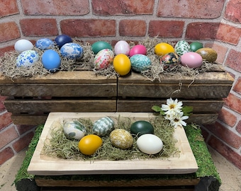 Conjunto de 6 ovos de madeira decorados com decoupage e pintura | Ovos de Páscoa | Decoração | Ovos de primavera | Ovos de verão | Estilo fazenda | Decoração para casa | Enfeite para tigela