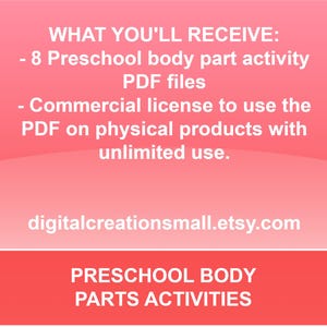 Puede incluir: Fondo rosa y rojo con texto blanco que dice "WHAT YOU'LL RECEIVE: - 8 Preschool body part activity PDF files - Commercial license to use the PDF on physical products with unlimited use. digitalcreationsmall.etsy.com PRESCHOOL BODY PARTS ACTIVITIES"