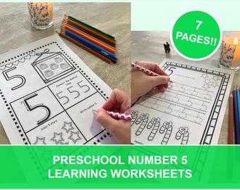 Hojas de trabajo para el aprendizaje del número 5 en preescolar / Aprender los números / Actividad imprimible para jardín de infantes / Colorear y trazar números