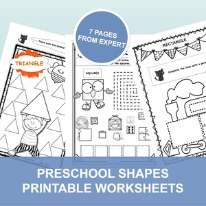 May include: Black and white printable preschool shapes worksheets. The worksheets feature a triangle, square, and rectangle. Each worksheet has a different activity for children to complete.