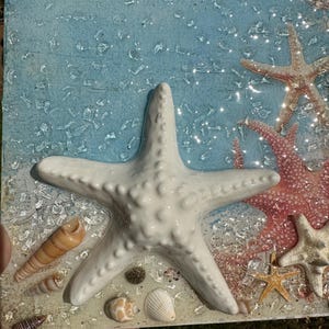 Coastal Starfish Wall Art with Glass & Shells – Beach Resin Art Panel – Ocean Decor – Handmade Nautical Seascape Gift