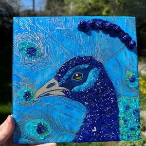 Handmade Peacock Painting: Mixed Media Acrylic & Glass Bead Wall Art