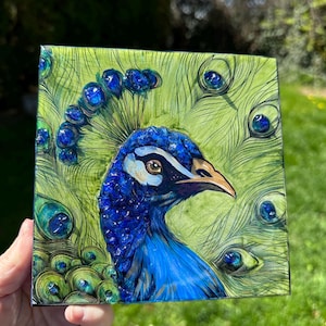 Handmade Peacock Painting: Acrylic, Glass Bead & Resin Mixed Media Art