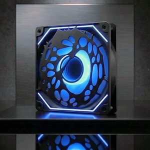 Peut inclure: Ventilateur d'ordinateur carré noir avec une lumière LED bleue. Le ventilateur a une grille noire décorative avec un motif unique. Le ventilateur est éclairé par une lumière bleue vive, créant un effet visuel saisissant. Conçu pour le refroidissement informatique.