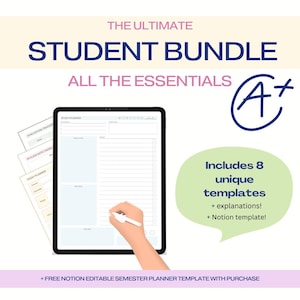 Könnte beinhalten: Das ultimative Studenten-Paket: Alle wichtigen Dinge. Ein digitaler Planer auf einem Tablet-Bildschirm mit einer Hand, die einen Stift hält. Der Planer enthält 8 einzigartige Vorlagen, Erklärungen und eine Notion-Vorlage. Der Text "A+ " befindet sich in einem Kreis.