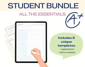 Peut inclure: Le pack étudiant ultime : tous les essentiels. Un agenda numérique sur l'écran d'une tablette avec une main tenant un stylet. L'agenda comprend 8 modèles uniques, des explications et un modèle Notion. Le texte "A+ " est dans un cercle.
