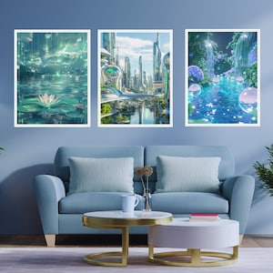 May include: Three framed prints with a blue and green color scheme. The first print features a white lotus flower on a blue and green water surface. The second print shows a futuristic city with tall buildings and a blue river. The third print shows a blue stream with waterfalls and white bubbles.