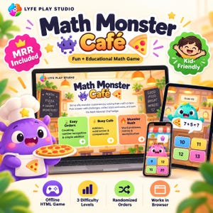 May include: A digital display of the Math Monster Cafe educational game featuring a purple monster chef holding a pizza. The screen shows game menus, math challenges, and monster characters. Icons indicate offline play, difficulty levels, and browser compatibility.