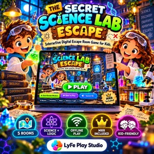 Może przedstawiać: Cyfrowa gra typu escape room zatytułowana The Secret Science Lab Escape, przedstawiająca dwie postacie z kreskówek w fartuchach laboratoryjnych i goglach. Ekran zawiera przycisk odtwarzania, menu i grafikę naukową. Gra zawiera pięć pokoi, zagadki logiczne i jest przyjazna dla dzieci.