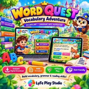 Op de afbeelding: Een digitaal educatief spel genaamd Word Quest Vocabulary Adventure weergegeven op een laptop en tablet. De scène bevat een cartoonuil, een stapel kleurrijke boeken met de labels Words, Grammar, Reading, Confidence en een geel potlood op een bureau.