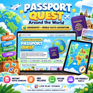 Może przedstawiać: Cyfrowa gra zatytułowana Passport Quest Around the World wyświetlona na ekranie laptopa i tabletu. Interfejs zawiera mapę świata, ikony podróży i edukacyjne treści geograficzne. Projekt obejmuje fioletowy paszport, naklejki podróżne oraz kolorowe znaki kierunkowe z napisami Explore, Learn, Discover i Grow.