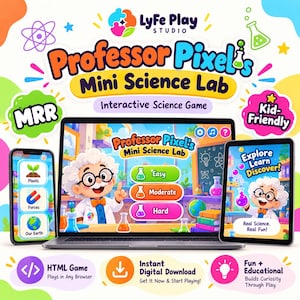 May include: A digital product display for Professor Pixel's Mini Science Lab, an interactive science game. The image features a laptop, smartphone, and tablet screen showing a cartoon professor, game menus, and educational icons.