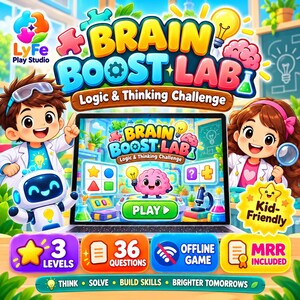Op de afbeelding: Een digitaal spel genaamd Brain Boost Lab Logic & Thinking Challenge op een laptopscherm, met stripfiguren, een robot en educatieve iconen. De interface bevat knoppen voor 3 niveaus, 36 vragen en de mogelijkheid om offline te spelen.