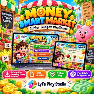 May include: A digital educational game titled Money Smart Market Junior Budget Challenge displayed on a laptop and tablet. The screen shows cartoon characters shopping for snacks with prices. Includes text labels for interactive learning and age 4-10.