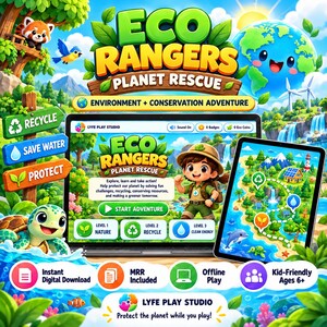 Könnte beinhalten: Ein digitales Spiel mit dem Titel Eco Rangers Planet Rescue auf einem Laptop- und Tablet-Bildschirm. Die Benutzeroberfläche zeigt eine Zeichentrickfigur, eine Karte mit Symbolen für Natur, Recycling und saubere Energie sowie Text.
