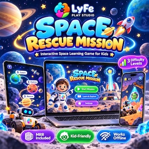Puede incluir: Un juego digital titulado Space Rescue Mission de LyFe Play Studio en una laptop, tableta y teléfono inteligente. La pantalla muestra un astronauta, entornos espaciales y botones para Start Mission, Learn & Explore y Settings.