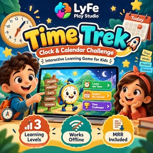 May include: Time Trek Clock & Calendar Challenge interactive learning game for kids on a laptop screen. Features include Learn the Time, Explore the Calendar, and Time Challenges, with 3 learning levels, offline functionality, and MRR included.