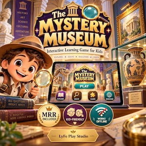 May include: The Mystery Museum interactive learning game for kids features a tablet displaying a play screen with explore, solve, learn, and discover icons. A cartoon explorer holds a magnifying glass next to books and a Greek-style vase.